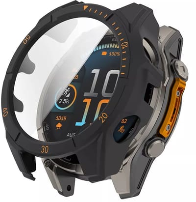 Strap-it Hard case hoesje met ingebouwde screen protector - geschikt voor de Garmin Fenix 8 - 51mm AMOLED (zwarte kleur met oranje accenten)