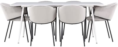 Silar eethoek tafel 90x180cm en 6 velours stoelen met armleuningen wit.
