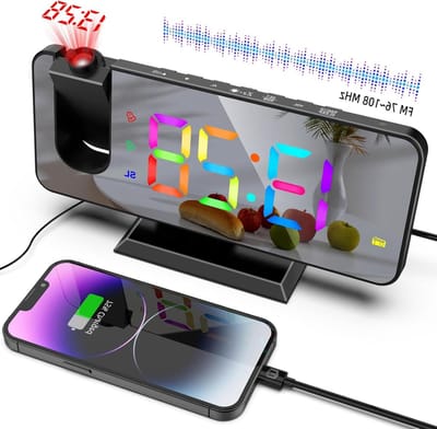Projectie Wekker - Radio Wekker Spiegel - Wakker Worden - RGB Kleuren - 180 Graden - Zwart