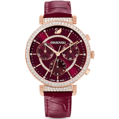 Montre Swarovski Passage Chrono Mouvement Quartz Bracelet Cuir Cadran Rouge Trois Compteurs Lunette Sertie de Cristaux Montres Femmes 5580345 Regular Watch Box,Red Watch Dial black