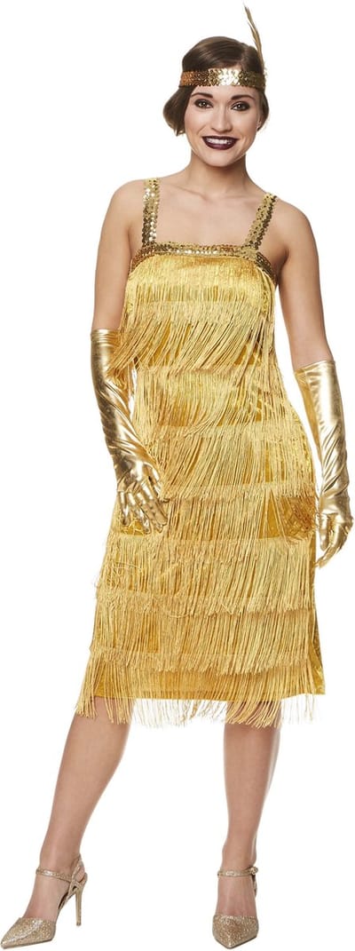 Karnival Costumes 20's Party Jaren 20 Stralende Gouden Flapper Jurk Charleston Kostuum Carnavalskleding Dames - Polyester - Maat XS - 3-Delig Jurk/Handschoenen/Hoofdband