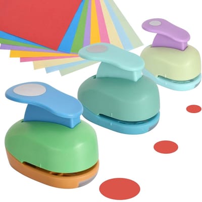 Dailygoods - Perforator 3 stuks cirkelvormige perforator (8 mm, 16 mm, 25 mm), DIY mini-perforator, Lever Punch, inclusief 100 vellen gekleurd karton, voor scrapbooking, album, papier, willekeurige kleuren