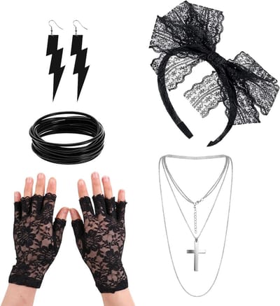 Retro 80s Kostuum Accessoires Set met Oorbellen, Net Handschoenen, Kralenketting en Band voor Feest en Carnaval