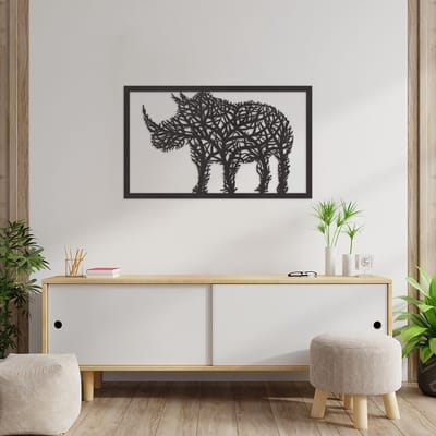 Wanddecoratie Neushoorn - Muurdecoratie Neushoorn - Muurdecoratie Hout - Wanddecoratie Hout - Muurdecoratie Woonkamer - Wanddecoratie Woonkamer - Wanddecoratie Industrieel - Wanddecoratie Dieren - Home Decor - Wall Line Art - 89 x 53.5 cm