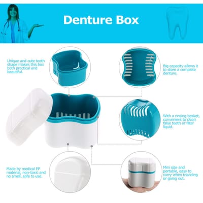 Boîte de Bain pour Prothèse Dentaire Étui Conteneur de Nettoyage pour Faux Dents Dentaires Panier de Rinçage Plateau Porte-Appareil de Retenue blue