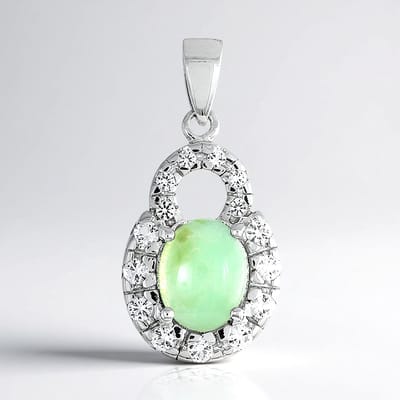 Cavill - Zilveren Hanger - 925 Sterling Zilver - 0,6 ct Chrysopraas Ovaal Cabochon - 0,467 ct Witte Topaas Pavé - Elegante Groene Edelsteen