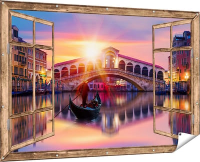Gards Tuinposter Doorkijk Gondel bij de Rialtobrug in Venetië, Italië - 180x120 cm - Tuindoek - Tuindecoratie - Wanddecoratie buiten - Tuinschilderij
