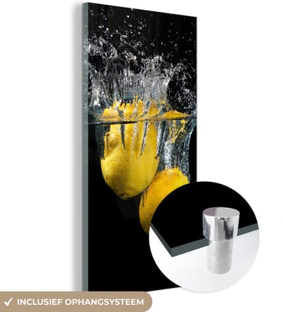 MuchoWow® Glasschilderij 60x120 cm - Schilderij acrylglas - Citroen - Fruit - Stilleven - Water - Geel - Foto op glas - Schilderijen
