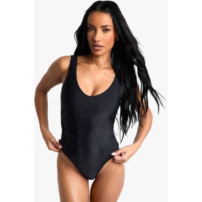 boohoo Dames Petite Badmode Essentials Gerafelde Badpak | Zwart | Maat: 38