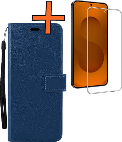 Hoes - Met Screenprotector - Geschikt voor Samsung Galaxy S25 FE - Luxe Pasjeshouder - Bookcase Portemonee - Flip Case - Kunstleer Book Case - Flipcase - Book Cover - Walletcase - PortemonneeHoes - Donkerblauw