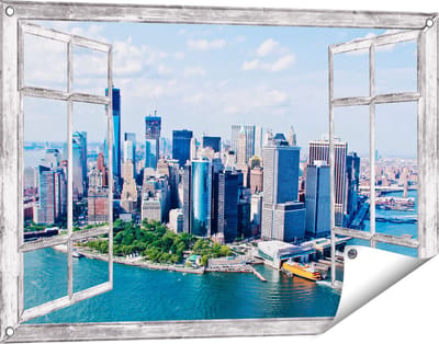 Gards Tuinposter Doorkijk New York Als een Eiland vanuit de Lucht - 90x60 cm - Tuindoek - Tuindecoratie - Wanddecoratie buiten - Tuinschilderij
