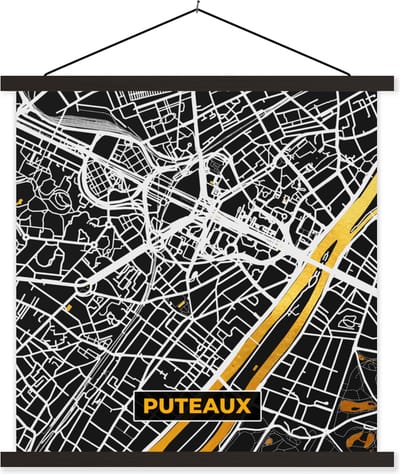 Posterhanger incl. Poster 60x60 cm - Schoolplaat - Plattegrond – Puteaux – Stadskaart – Kaart – Frankrijk - Textielposter - Zwarte latten - Stadskaart