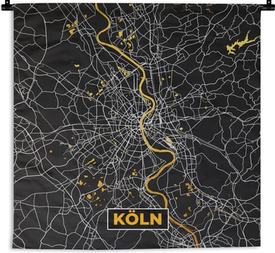 Wandkleed - Wanddoek - Keulen - Plattegrond - Stadskaart - Kaart - Duitsland - Goud - 180x180 cm - Wandtapijt