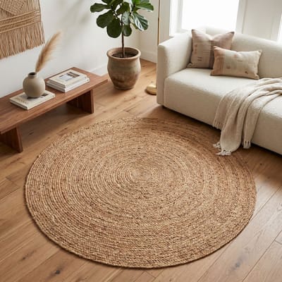 FLOORDIREKT Jute Vloerkleed Surat - Rond - Diameter: 150 cm - Raffia Vloerkleed van 100% Natuurlijke Vezels - Gevlochten Boho - Handgeweven Natuurlijk Vloerkleed - voor Keuken & Woonkamer - Robuust & Scheurvast