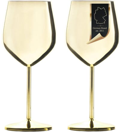 Intirilife 2x Wijnglazen van roestvrij staal in Glanzend Goud - 21 x 9 cm - 400 ml - Onbreekbare en stevige wijnglazen cadeauset kelk