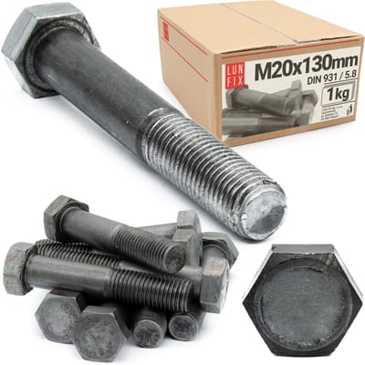 LUN FIX - Zeskantschroeven M20 x 130 - 1 kg (ca. 2 stuks) - DIN 931 Volledige schroefdraad - verzinkt staal