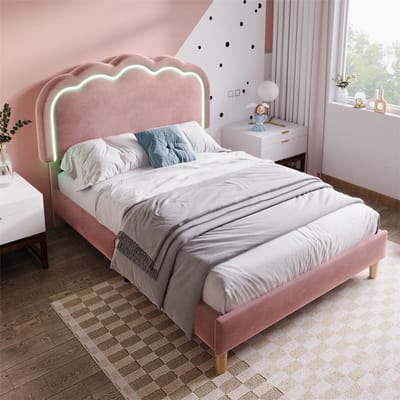 YEHTOKHOME Gestoffeerd bed LED eenpersoonsbed 90 x 200 cm, Bedframe met lattenbodem en verstelbaar hoofdeinde, Kinderbed in roze, Jeugdbed voor slaapkamer gastenkamer, Fluweel (zonder matras)