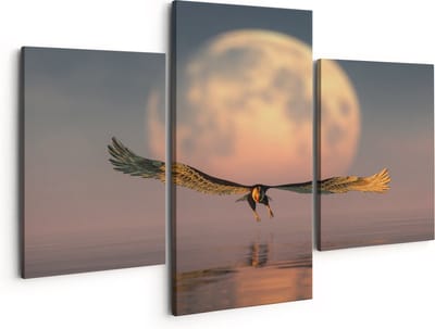 Artaza Canvas Schilderij Drieluik Adelaar boven het Water bij de Maan - 150x120 cm - Groot - Wanddecoratie Woonkamer - Schilderijen - Muurdecoratie