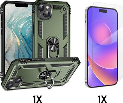 Casemania Hoesje Geschikt voor Apple iPhone 15 Plus - Groen / Glazen Screenprotector - Anti-Shock Hybrid Armor Back Cover - Hoes met Kickstand Ring