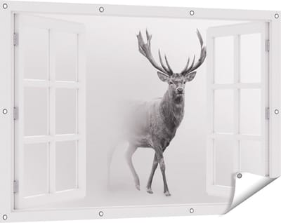 Gards Tuinposter Doorkijk Hert - Zwart Wit - 120x80 cm - Tuindoek - Tuindecoratie - Wanddecoratie buiten - Tuinschilderij