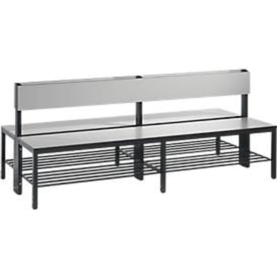 Basic Plus bank, 2-zijdig, met rugleuning en schoenenrek, 4-poots frame zwartgrijs RAL 7021, B 1960 mm, decor zilvergrijs
