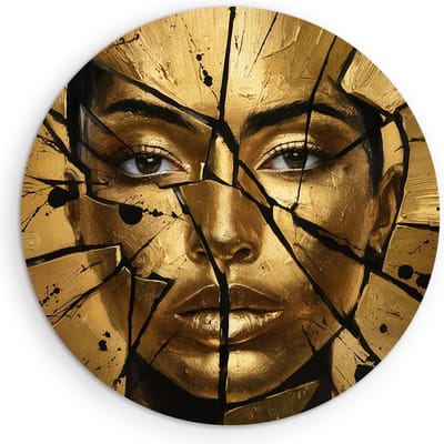 Saammp Muurcirkel Hout - Goude Vrouw met zwarte verfspetters - abstract - Ø 90 - Wandcirkel - Wanddecoratie Cirkel - Muurdecoratie Woonkamer - Slaapkamer decoratie - Rond Schilderij