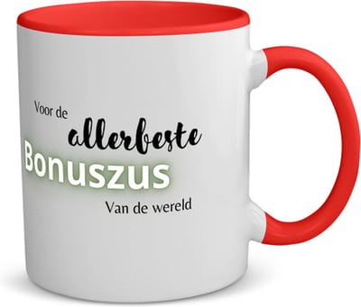 Akyol - voor de allerbeste bonuszus van de wereld koffiemok - theemok - rood - Zus - de beste bonuszus - verjaardagscadeau - verjaardag - cadeau - cadeautje voor zus - zus artikelen - kado - geschenk - gift - 350 ML inhoud
