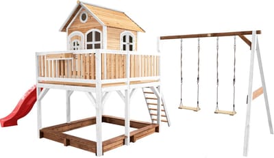 AXI Liam Speelhuis in Bruin/Wit - Met Verdieping, Zandbak, Dubbele Schommel en Rode Glijbaan - Speelhuisje voor de tuin / buiten - FSC hout - Speeltoestel voor kinderen