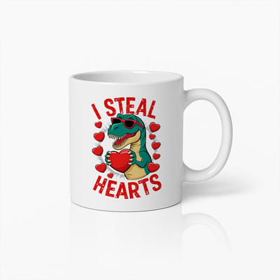 I Steal Hearts Dino Mok – Witte Keramische Koffiemok 330 ml – Grappig Valentijn Dinosaurus Liefdescadeau