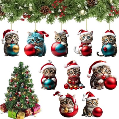 Dailygoods - 10 stuks kerstboomversiering, katten, hangers, Kerstmis, kat, kerstboomversiering, 2D-design, voor Kerstmis
