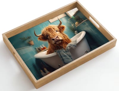 Dienblad hout 50x35 cm - Schootdienblad - Schotse hooglander - Badkamer - Blauw - Bad - Borrelplank rechthoek - Plateau dienbladen