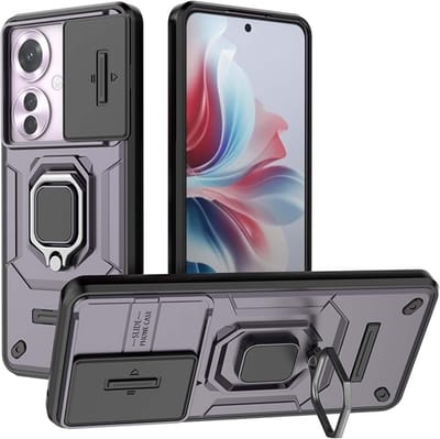 Geschikt voor Oppo Reno 11F 5G - Schuifcamera - Ringhouder met Kickstand - Back Cover Hoesje - Paars