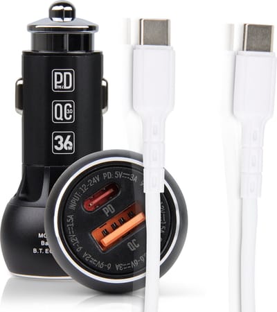 Autolader usb-C & usb-A 36w - Snellader usb C - Usb Stekker 12V/24V - Usb Lader Auto - 1 Meter