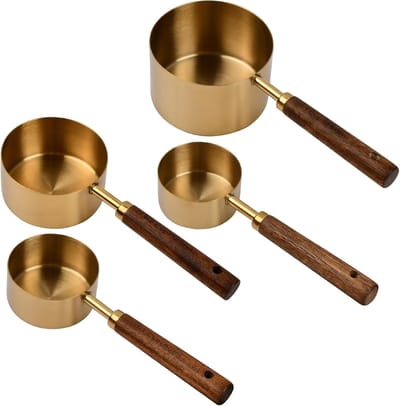 Famanu - Maatbekers en lepels set 4-delig RVS met houten handvat goud, metrische en Amerikaanse metingen 60 80 125 250 ml, bakken koken