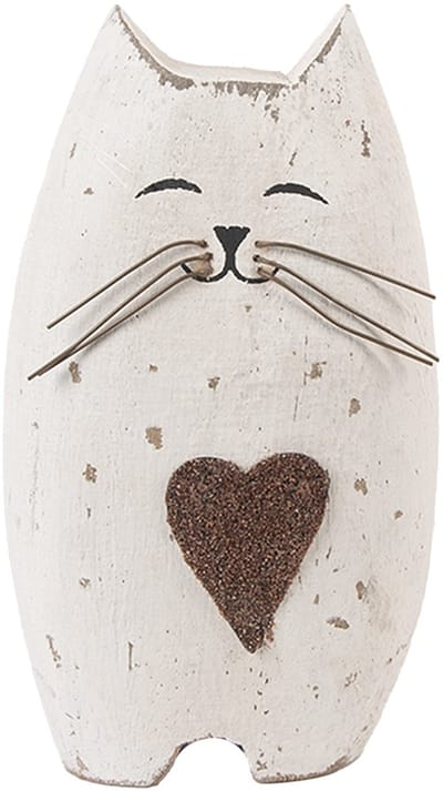 Clayre & Eef Decoratie Beeld Kat 8x6x14 cm Wit Bruin Hout