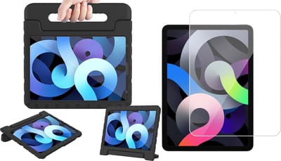 Hoes geschikt voor iPad Air 2022 / 2020 10.9 inch - Screen Protector GlassGuard - Kinder Back Cover Kids Case Hoesje Zwart & Screenprotector