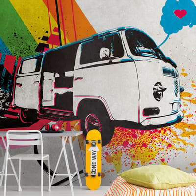 Fotobehang Profhome 383021-GU vliesbehang hardvinyl warmdruk in reliëf glad graffiti mat grijs beige blauw rood 3,71 m x 2,8 m