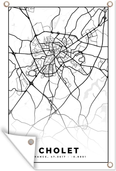 Muurdecoratie Kaart - Plattegrond - Frankrijk - Cholet - Stadskaart - Zwart wit - 120x180 cm - Tuinposter - Tuindoek