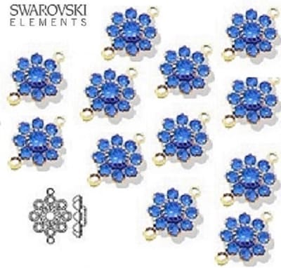 Swarovski Elements, 12 stuks Swarovski verbindingscomponenten, 10x16mm met 2 oogjes, goud met sapphire chatons