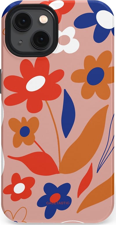 Casetastic hoesje geschikt voor Apple iPhone 13 - MagSafe - Dubbellaagse bescherming - Vormen in bloei - Fashion Case - Perzik Rood Donkerblauw