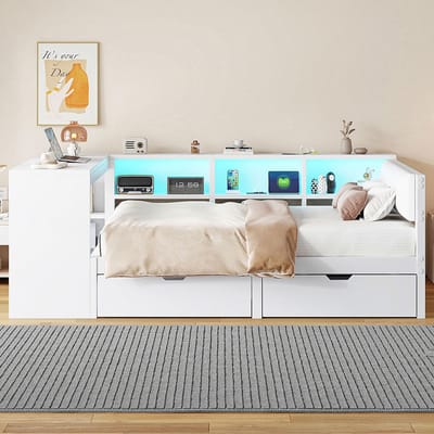 Pugsdrly Houten platformbed 140x200 met opbergruimte, lades, oplaadstation en gestoffeerd hoofdeinde, met gekleurde ledverlichting, wit