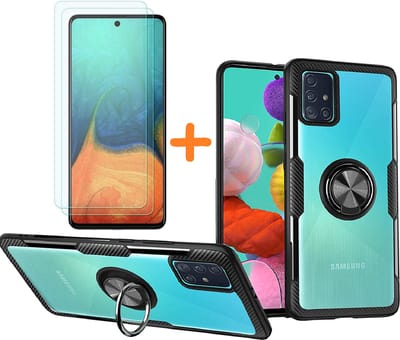 Hoesje Geschikt Voor Samsung Galaxy A71 hoesje Luxe carbon TPU Backcover Met Metalen Ring Houder - Zwart met 2 pack screenprotector