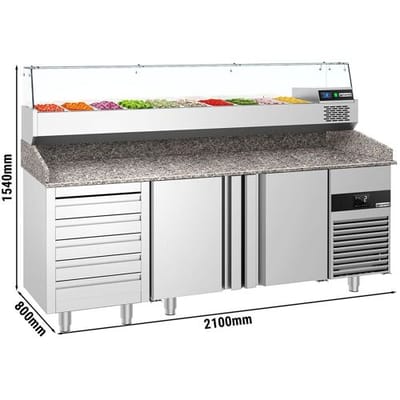 GGM Gastro Pizzakühltisch PREMIUM - 2100x800mm - mit 2 Türen & 5 Schubladen - inkl. Kühlaufsatzvitrine - 10x GN 1/3