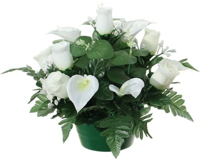 Louis Maes Kunstbloemen plantje in pot - wit - 26 cm - Bloemstuk ornament - rozen met bladgroen