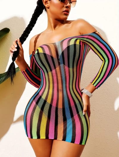 LekkerStout Transparant Jurkje - Off Shoulder - Regenboog - Sexy Lingerie | S/L | ( LS191 )