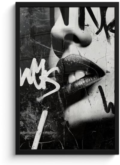 Poster in lijst - Fotolijst 40x60 cm - Posters - Gezicht - Mond - Graffiti - Zwart - Posterlijst zwart - Decoratie - Wanddecoratie woonkamer - Muurdecoratie slaapkamer