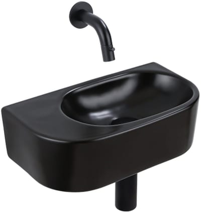 QeramiQ Fuente Fonteinset - 40x21.5x12cm - glad - halfrond - keramiek - fonteinkraan zwart mat - afvoerplug - verlaagd sifon - zwart mat
