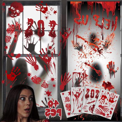 Halloween decoratie - Halloween Binnenraam Stickers - Zombie Poster Set - Herbruikbare Accessoires - Enge Bloederige Handafdrukken Voetafdrukken Muurstickers