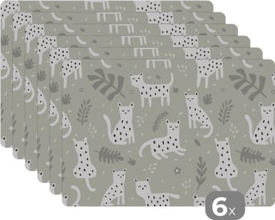 Placemat - Placemats kunststof - Patronen - Luipaard - Bladeren - 45x30 cm - 6 stuks - Hittebestendig - Anti-Slip - Onderlegger - Afneembaar
