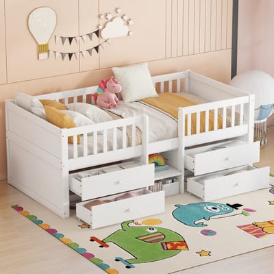 MEUNIQ Halfhoogslaper 90 x 200 cm met 4 lades, veiligheidshekken en ladder, kinderbed in wit voor slaapkamer